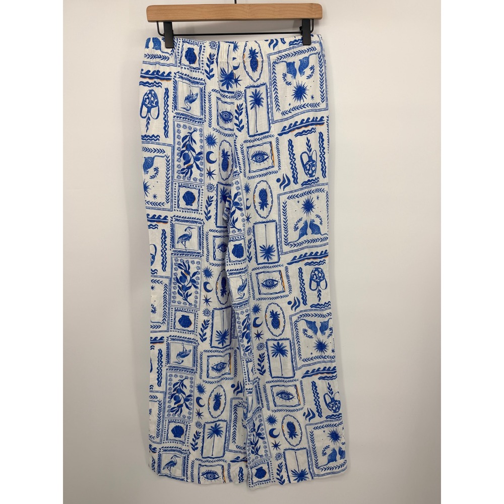 Sincerely Jules Wide Leg Pants Women Medium White Blue Excellent Stamp Print